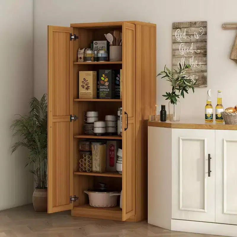 63" 2-Door Kitchen Pantry Storage Cabinet – Brown / Orange / Tan / White, 5-Tier Shelving, 1 Person