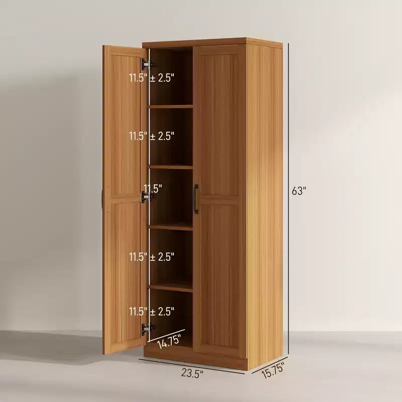 63" 2-Door Kitchen Pantry Storage Cabinet – Brown / Orange / Tan / White, 5-Tier Shelving, 1 Person