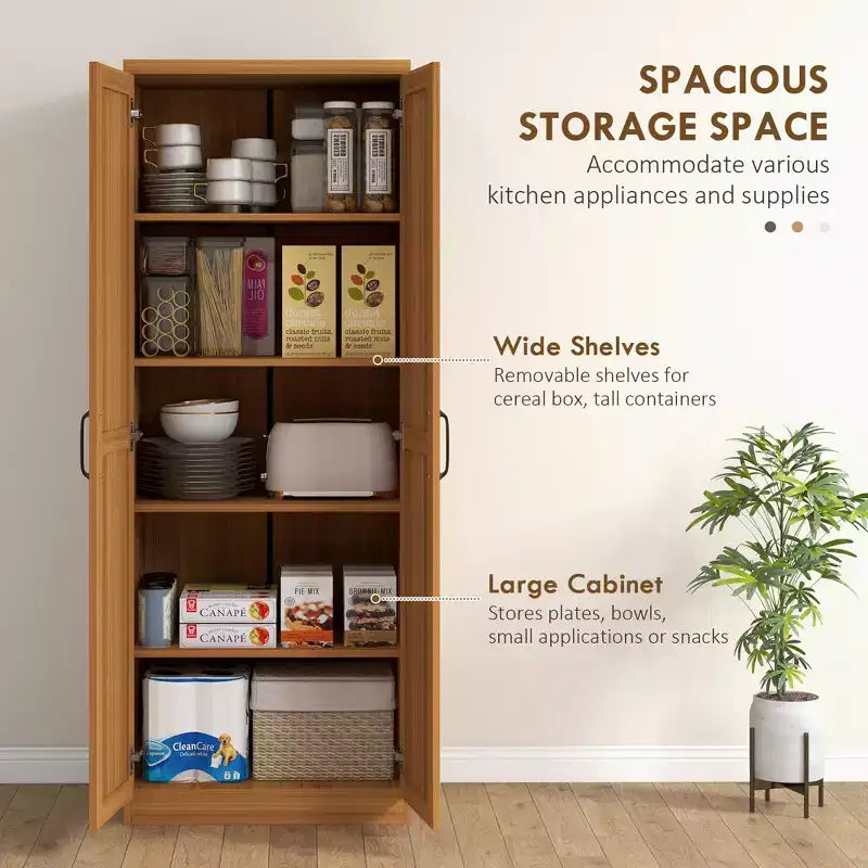 63" 2-Door Kitchen Pantry Storage Cabinet – Brown / Orange / Tan / White, 5-Tier Shelving, 1 Person