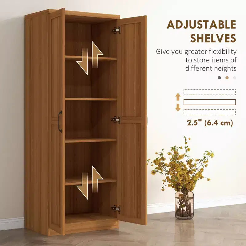 63" 2-Door Kitchen Pantry Storage Cabinet – Brown / Orange / Tan / White, 5-Tier Shelving, 1 Person