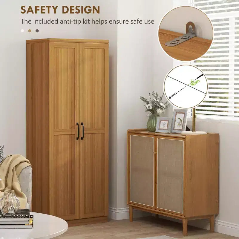 63" 2-Door Kitchen Pantry Storage Cabinet – Brown / Orange / Tan / White, 5-Tier Shelving, 1 Person