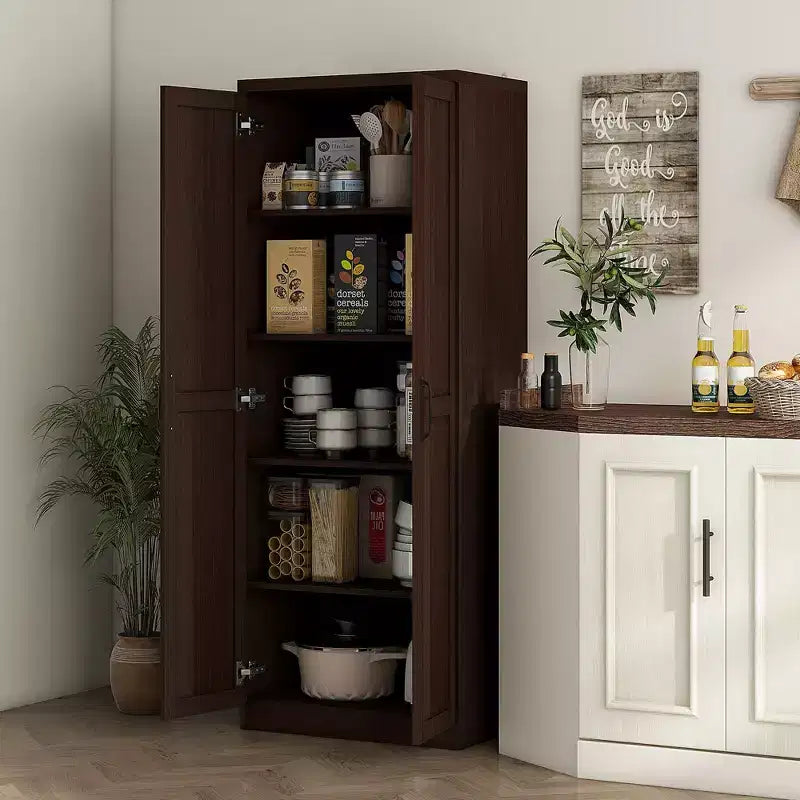 63" 2-Door Kitchen Pantry Storage Cabinet – Brown / Orange / Tan / White, 5-Tier Shelving, 1 Person