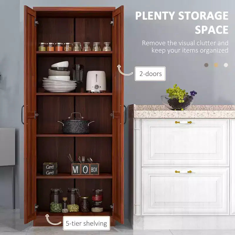 63" 2-Door Kitchen Pantry Storage Cabinet – Brown / Orange / Tan / White, 5-Tier Shelving, 1 Person