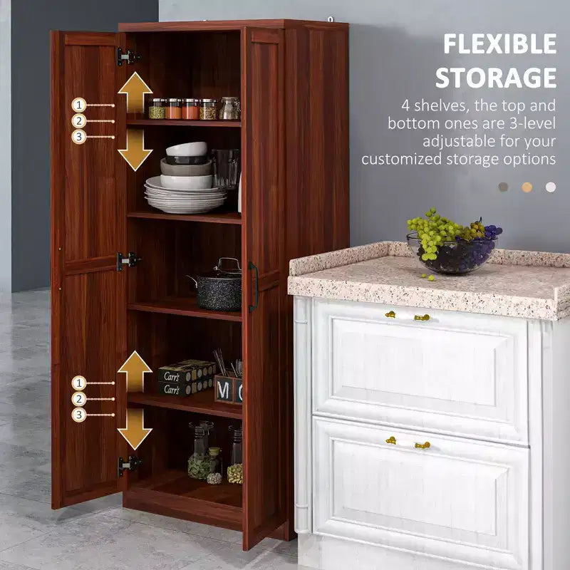 63" 2-Door Kitchen Pantry Storage Cabinet – Brown / Orange / Tan / White, 5-Tier Shelving, 1 Person