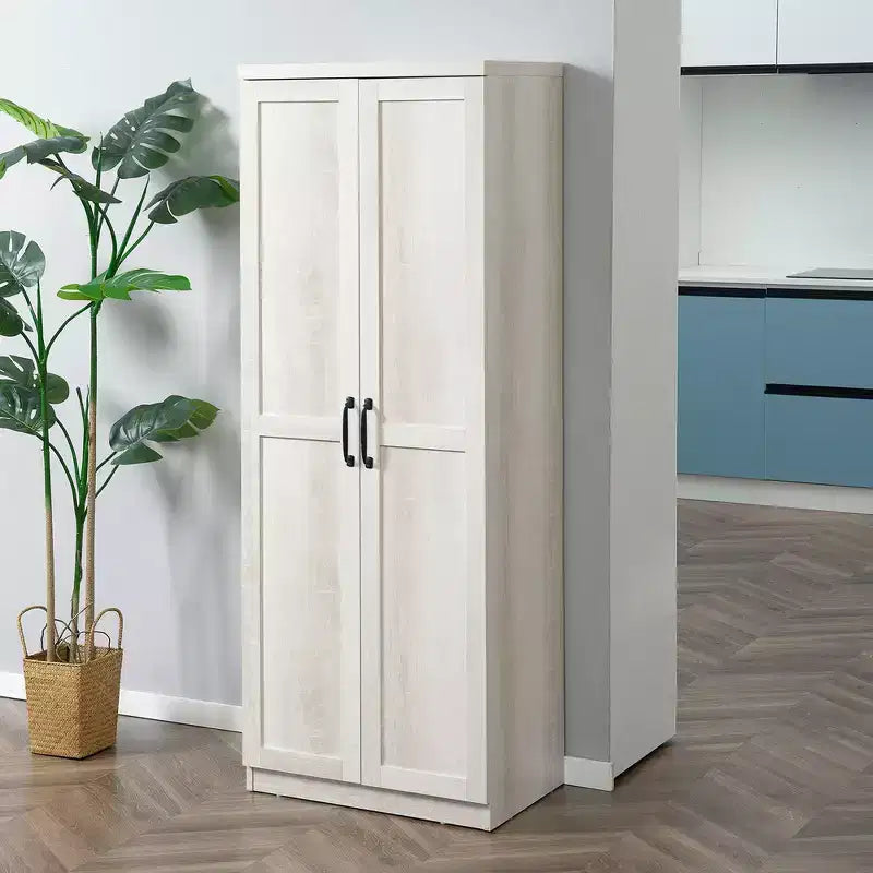 63" 2-Door Kitchen Pantry Storage Cabinet – Brown / Orange / Tan / White, 5-Tier Shelving, 1 Person