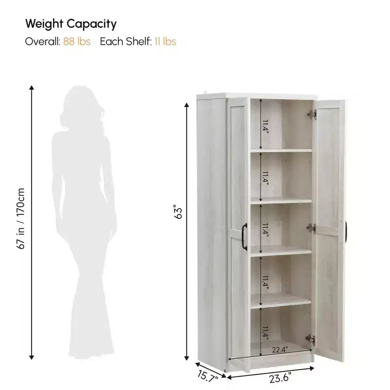 63" 2-Door Kitchen Pantry Storage Cabinet – Brown / Orange / Tan / White, 5-Tier Shelving, 1 Person