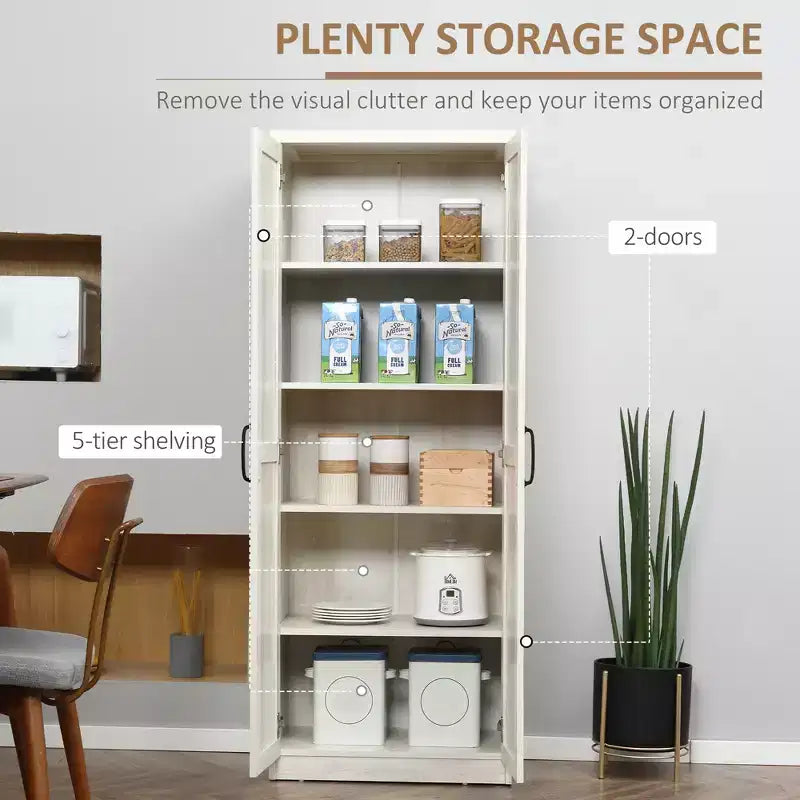 63" 2-Door Kitchen Pantry Storage Cabinet – Brown / Orange / Tan / White, 5-Tier Shelving, 1 Person