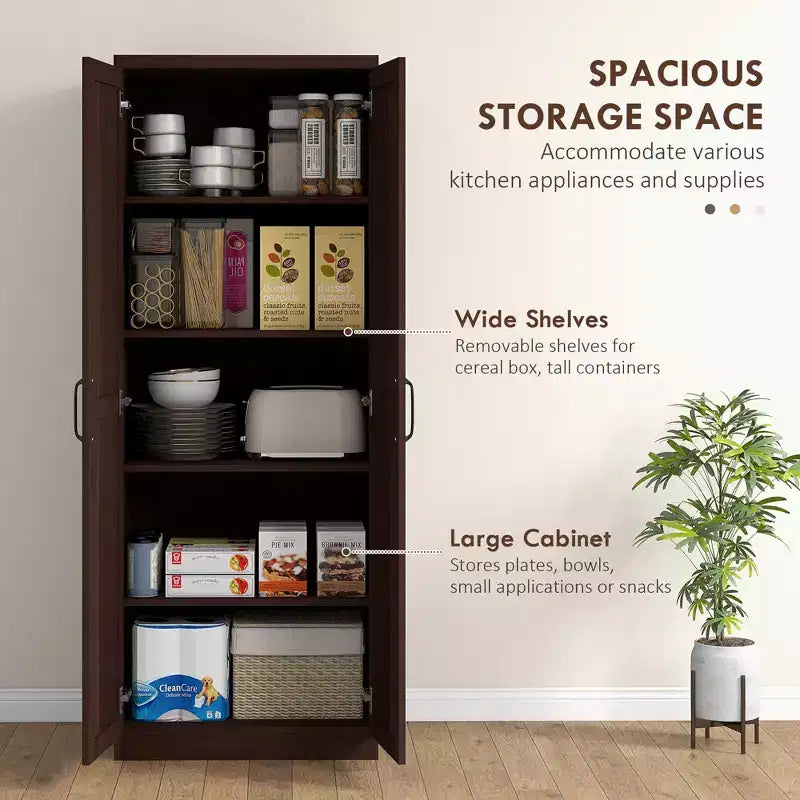 63" 2-Door Kitchen Pantry Storage Cabinet – Brown / Orange / Tan / White, 5-Tier Shelving, 1 Person