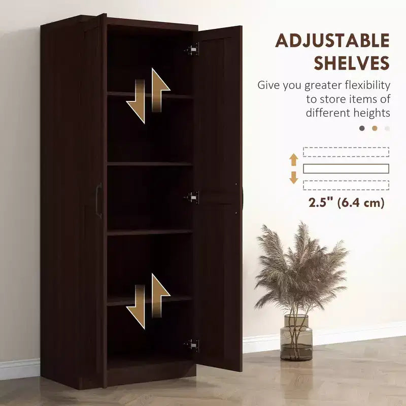 63" 2-Door Kitchen Pantry Storage Cabinet – Brown / Orange / Tan / White, 5-Tier Shelving, 1 Person