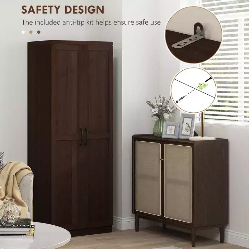 63" 2-Door Kitchen Pantry Storage Cabinet – Brown / Orange / Tan / White, 5-Tier Shelving, 1 Person