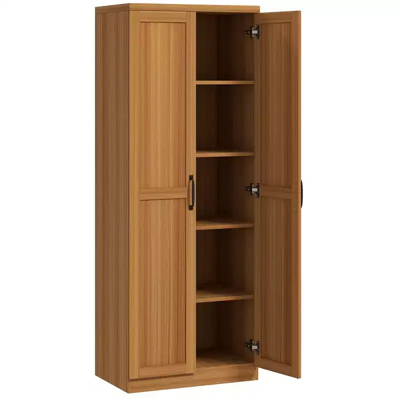 63" 2-Door Kitchen Pantry Storage Cabinet – Brown / Orange / Tan / White, 5-Tier Shelving, 1 Person