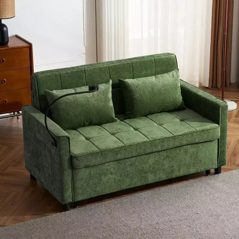 56.9 Inch Loveseat Pull Out Sleeper Sofa Bed with Reversible Backrest Cushion Side Pockets Phone Holder for Living Room Green