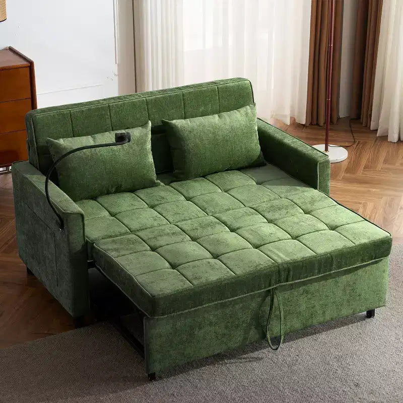 56.9 Inch Loveseat Pull Out Sleeper Sofa Bed with Reversible Backrest Cushion Side Pockets Phone Holder for Living Room Green