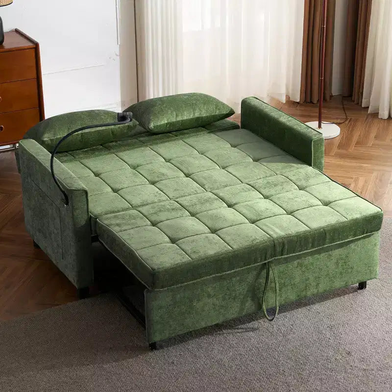 56.9 Inch Loveseat Pull Out Sleeper Sofa Bed with Reversible Backrest Cushion Side Pockets Phone Holder for Living Room Green