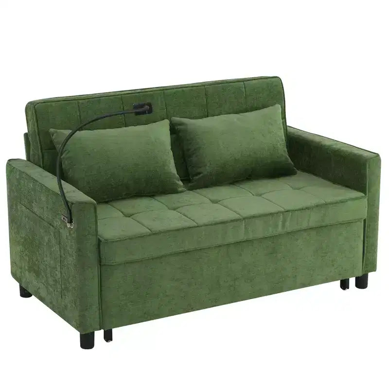 56.9 Inch Loveseat Pull Out Sleeper Sofa Bed with Reversible Backrest Cushion Side Pockets Phone Holder for Living Room Green