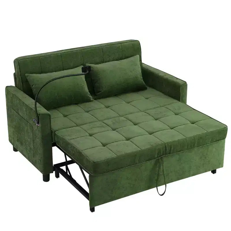 56.9 Inch Loveseat Pull Out Sleeper Sofa Bed with Reversible Backrest Cushion Side Pockets Phone Holder for Living Room Green