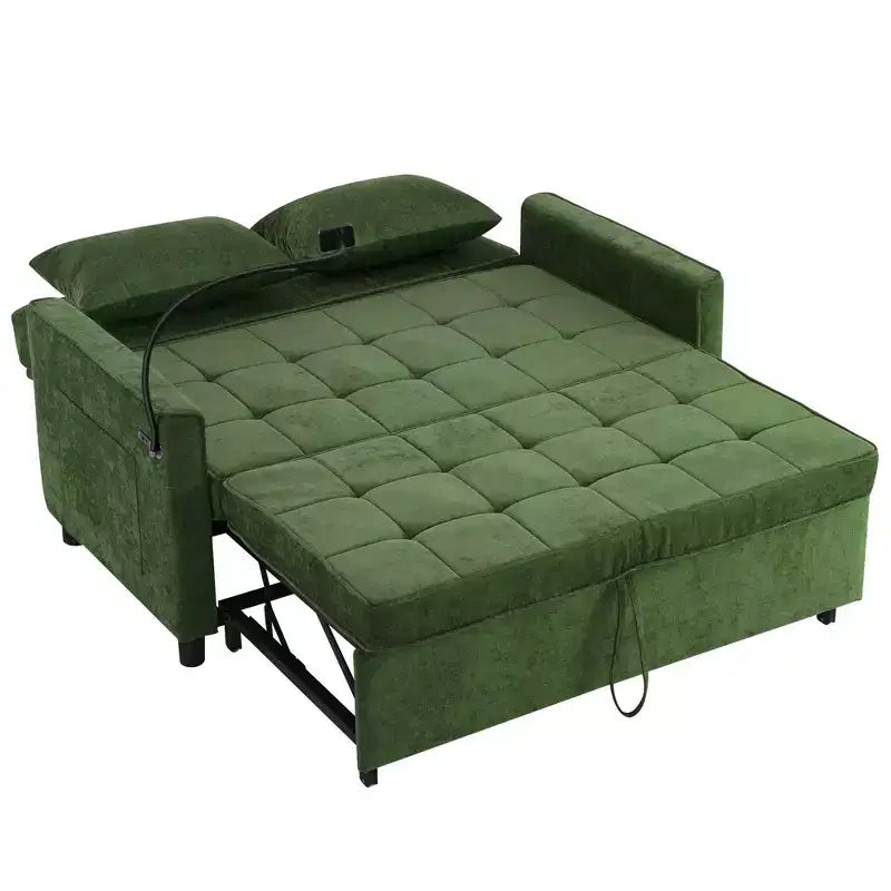 56.9 Inch Loveseat Pull Out Sleeper Sofa Bed with Reversible Backrest Cushion Side Pockets Phone Holder for Living Room Green