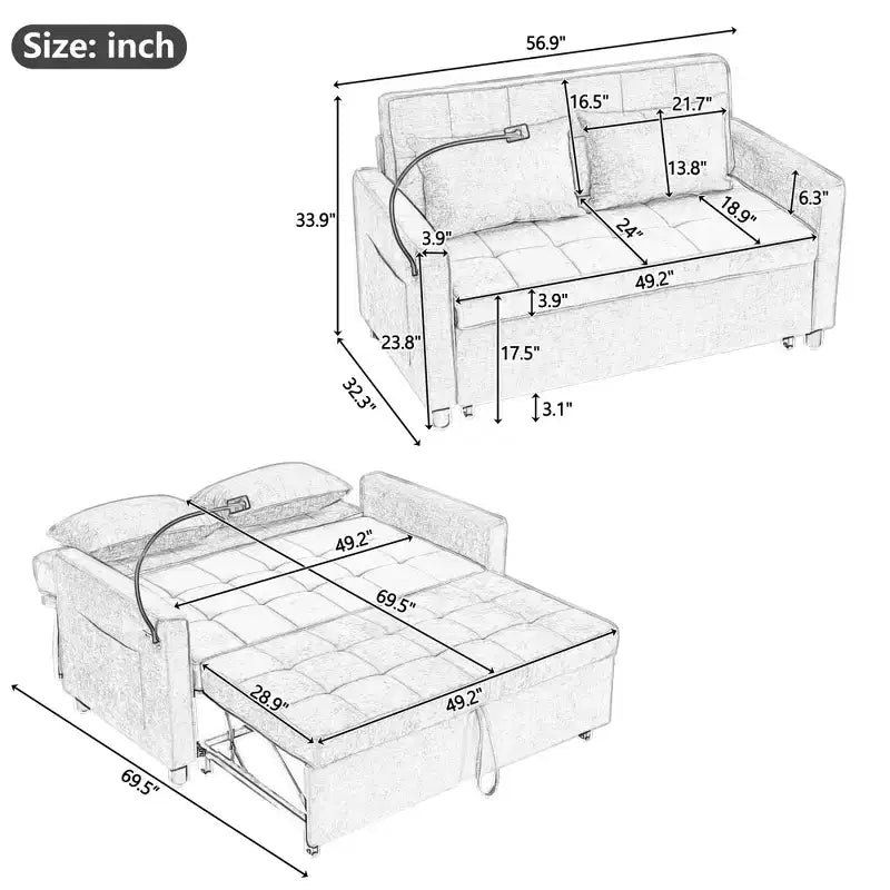 56.9 Inch Loveseat Pull Out Sleeper Sofa Bed with Reversible Backrest Cushion Side Pockets Phone Holder for Living Room Green