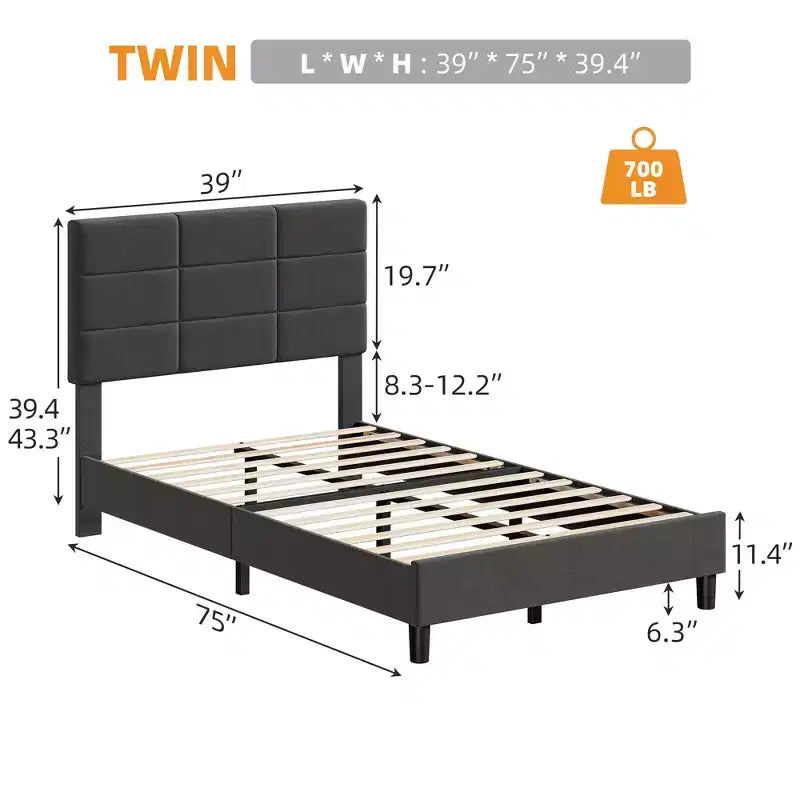 Linen Upholstered Platform Bed Frame with Adjustable Headboard Grey, No Box Spring Needed