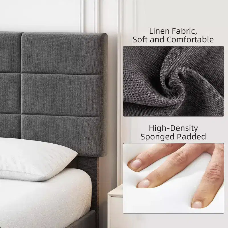 Linen Upholstered Platform Bed Frame with Adjustable Headboard Grey, No Box Spring Needed