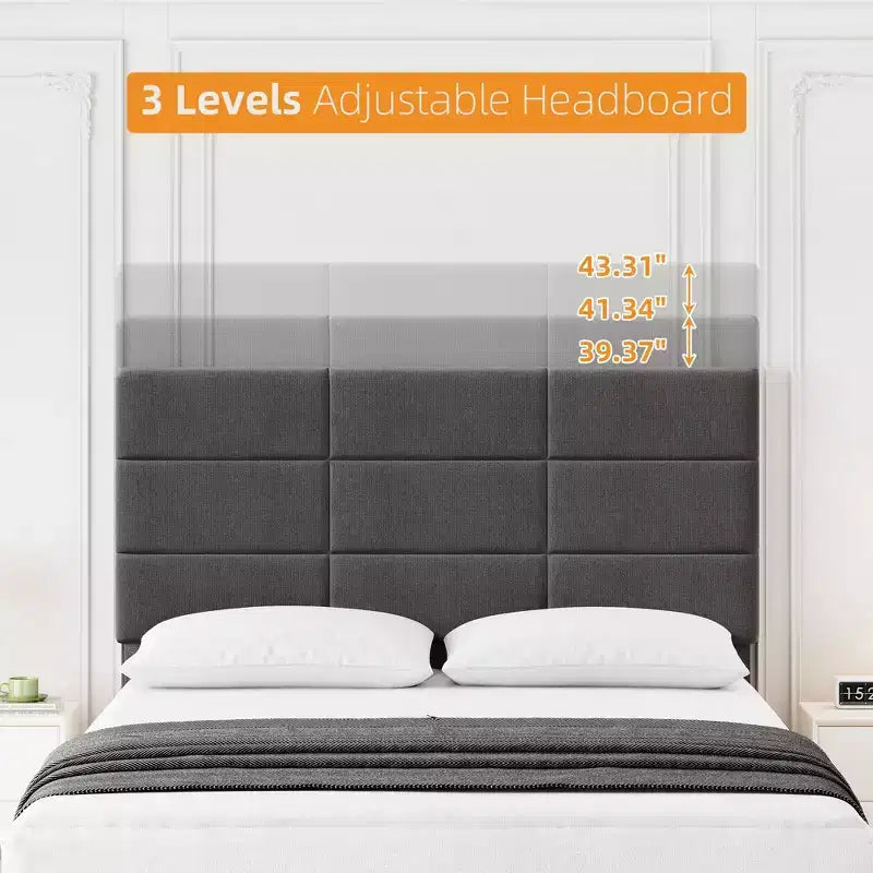 Linen Upholstered Platform Bed Frame with Adjustable Headboard Grey, No Box Spring Needed