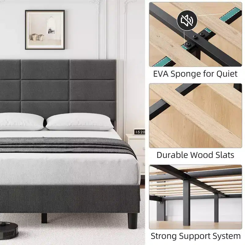 Linen Upholstered Platform Bed Frame with Adjustable Headboard Grey, No Box Spring Needed