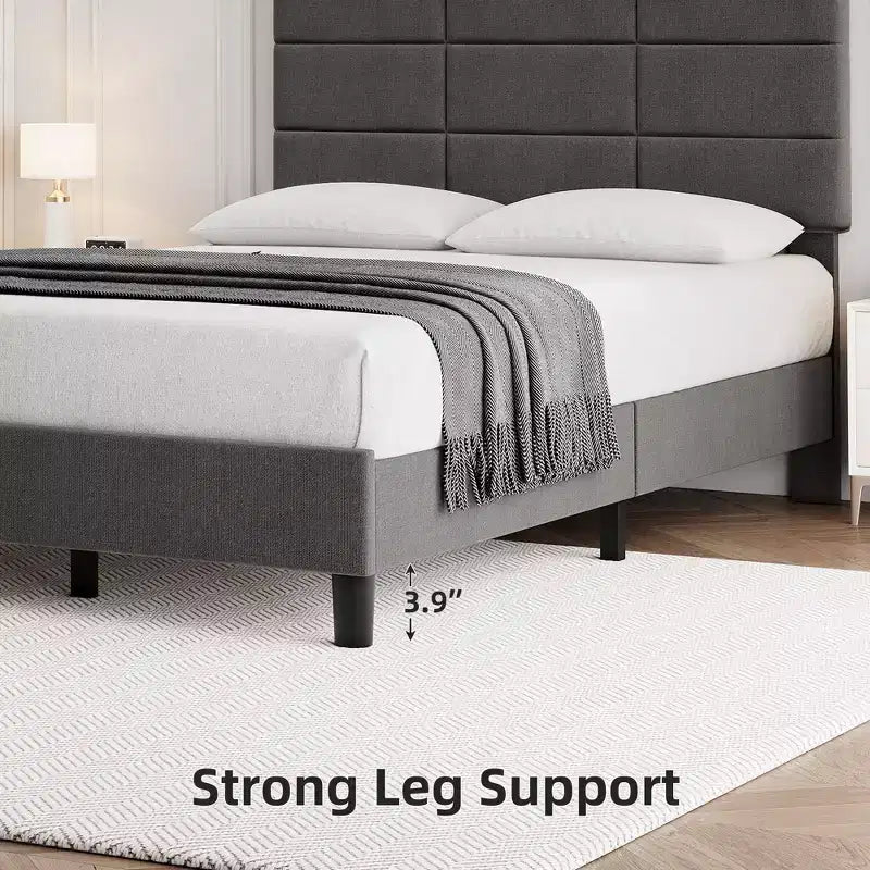 Linen Upholstered Platform Bed Frame with Adjustable Headboard Grey, No Box Spring Needed