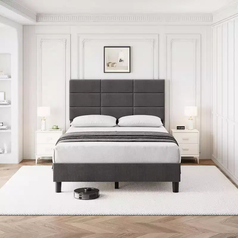 Linen Upholstered Platform Bed Frame with Adjustable Headboard Grey, No Box Spring Needed