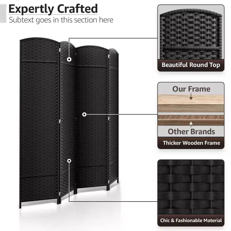 Sorbus 4 Panel Room Divider Panel, 6 ft. Tall Extra Wide Double Hinged Panels - Folding Privacy Screens