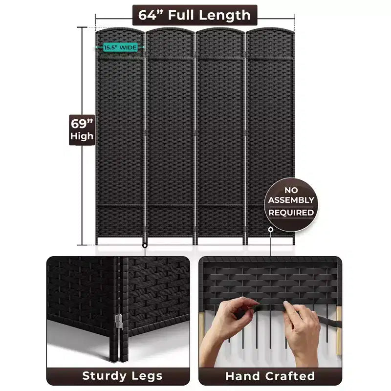 Sorbus 4 Panel Room Divider Panel, 6 ft. Tall Extra Wide Double Hinged Panels - Folding Privacy Screens