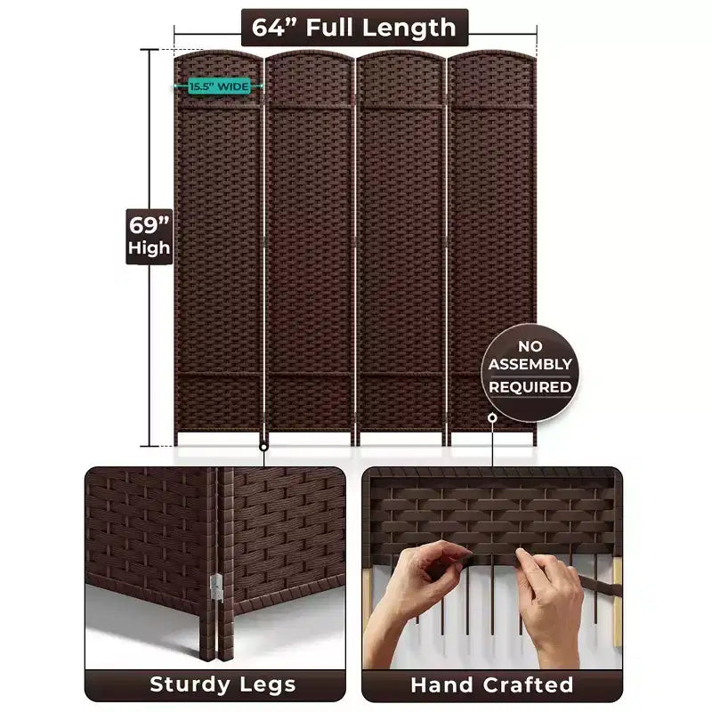 Sorbus 4 Panel Room Divider Panel, 6 ft. Tall Extra Wide Double Hinged Panels - Folding Privacy Screens
