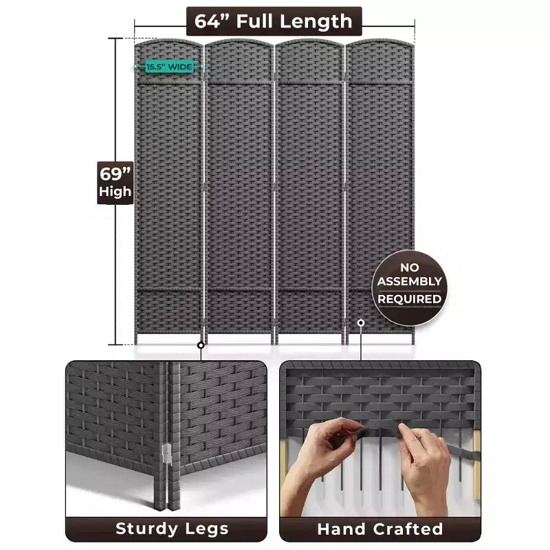 Sorbus 4 Panel Room Divider Panel, 6 ft. Tall Extra Wide Double Hinged Panels - Folding Privacy Screens