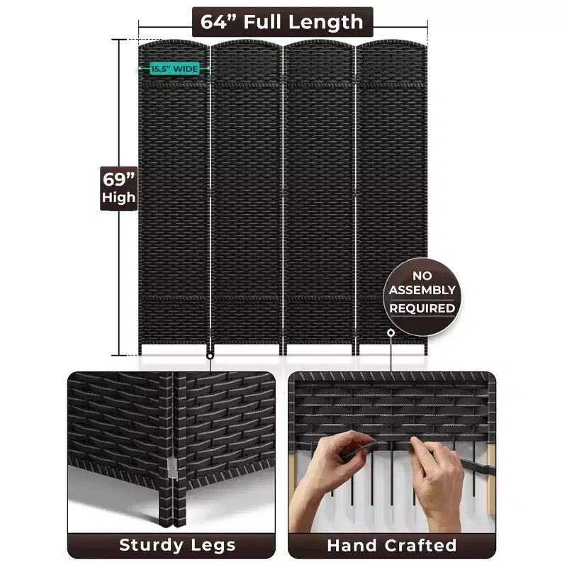 Sorbus 4 Panel Room Divider Panel, 6 ft. Tall Extra Wide Double Hinged Panels - Folding Privacy Screens