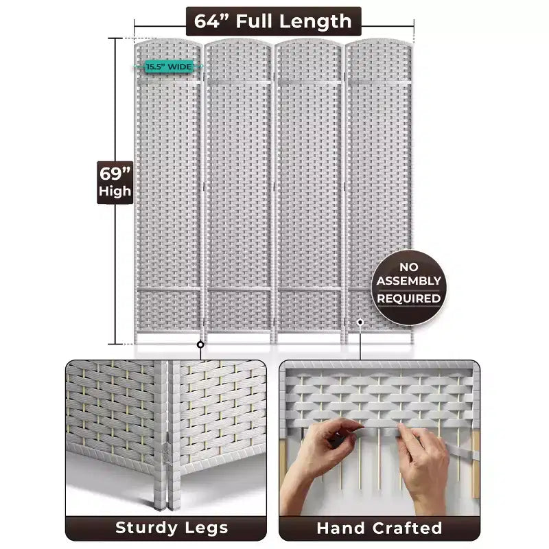 Sorbus 4 Panel Room Divider Panel, 6 ft. Tall Extra Wide Double Hinged Panels - Folding Privacy Screens