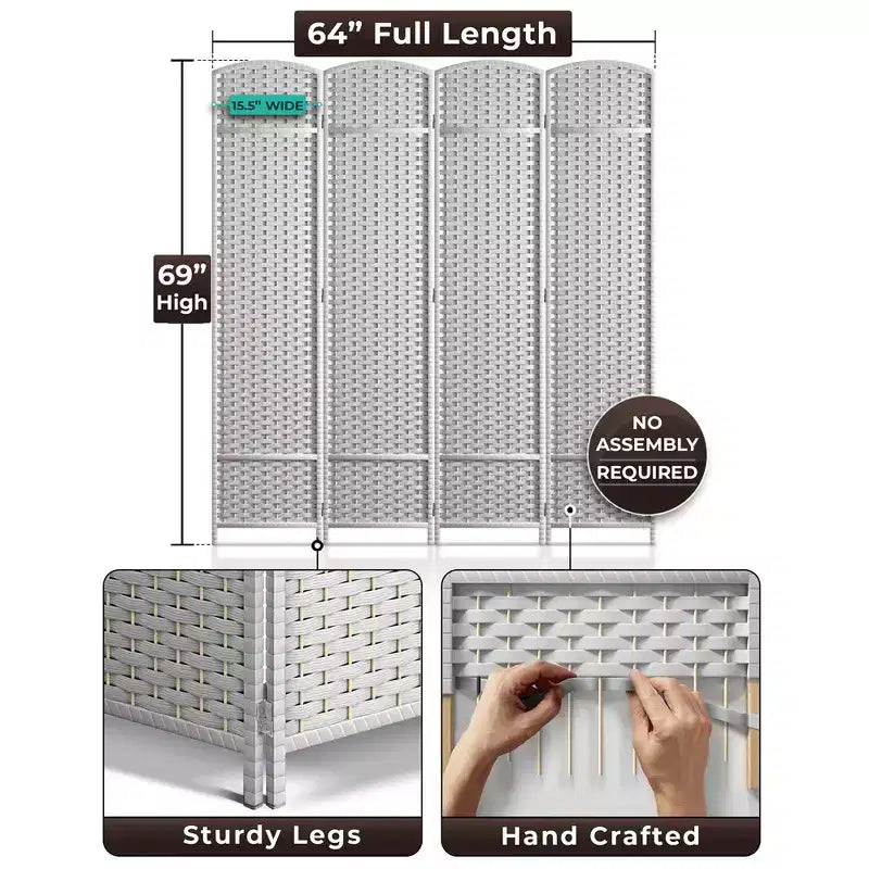 Sorbus 4 Panel Room Divider Panel, 6 ft. Tall Extra Wide Double Hinged Panels - Folding Privacy Screens