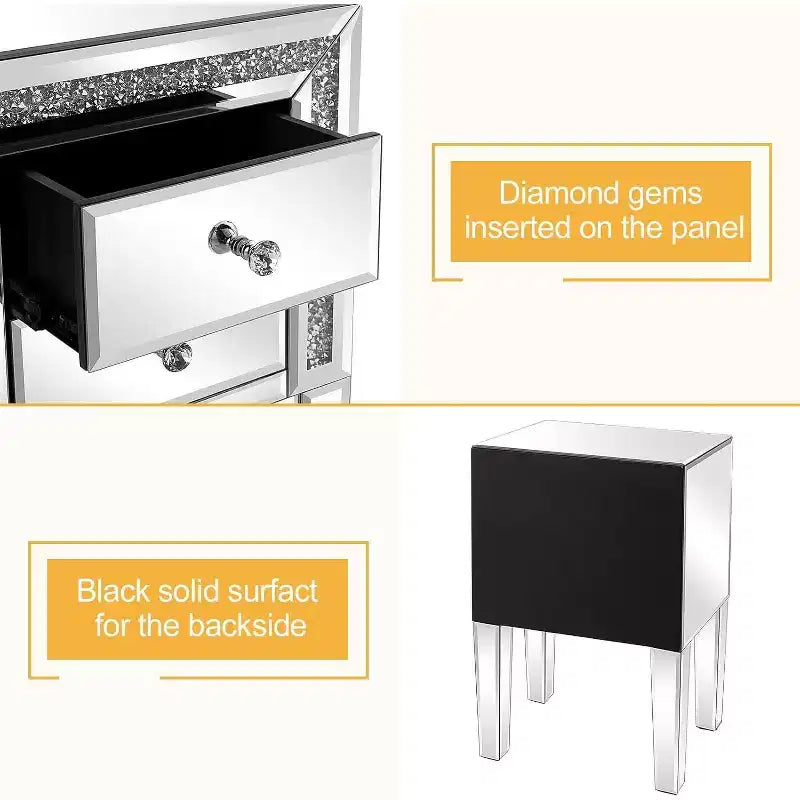 Mirror Nightstand with Drawer, Silver Mirrored Glass End Table, Crushed Diamond Glitter