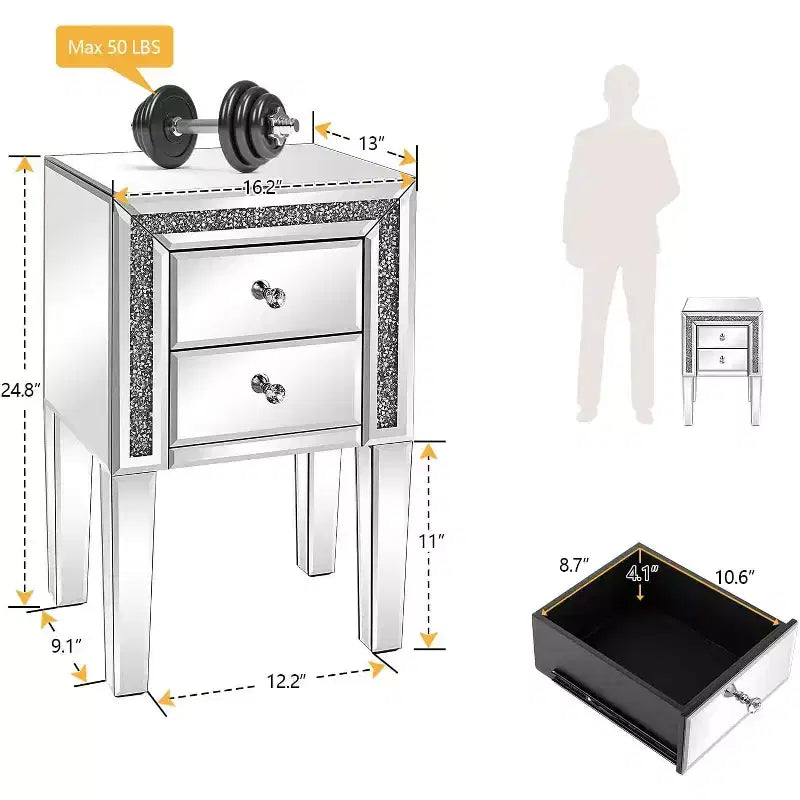 Mirror Nightstand with Drawer, Silver Mirrored Glass End Table, Crushed Diamond Glitter