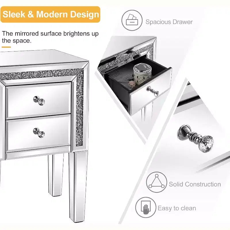 Mirror Nightstand with Drawer, Silver Mirrored Glass End Table, Crushed Diamond Glitter
