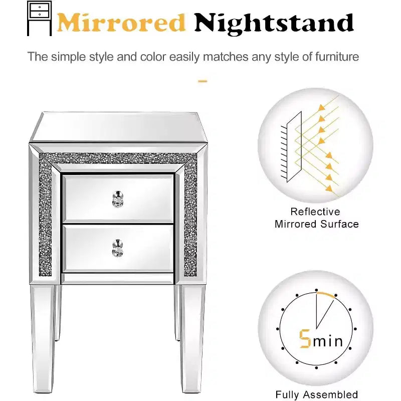 Mirror Nightstand with Drawer, Silver Mirrored Glass End Table, Crushed Diamond Glitter