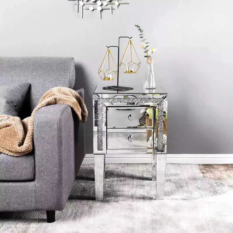 Mirror Nightstand with Drawer, Silver Mirrored Glass End Table, Crushed Diamond Glitter