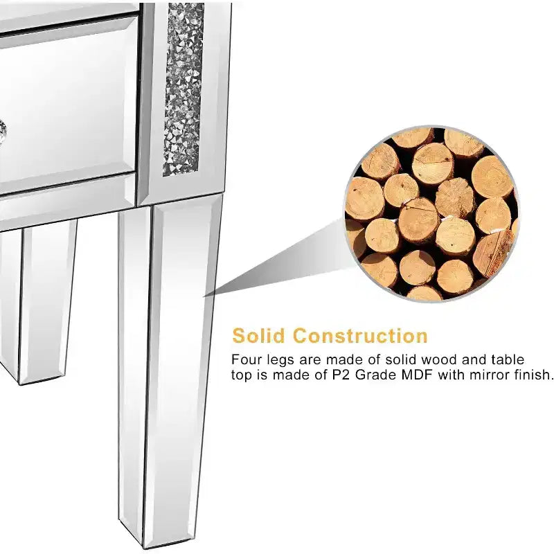 Mirror Nightstand with Drawer, Silver Mirrored Glass End Table, Crushed Diamond Glitter