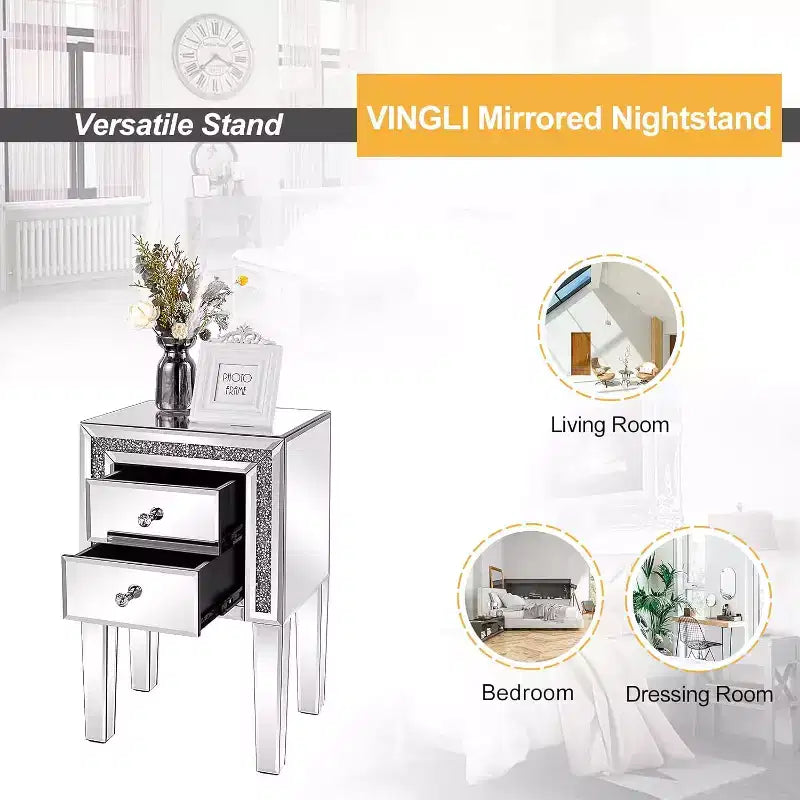 Mirror Nightstand with Drawer, Silver Mirrored Glass End Table, Crushed Diamond Glitter