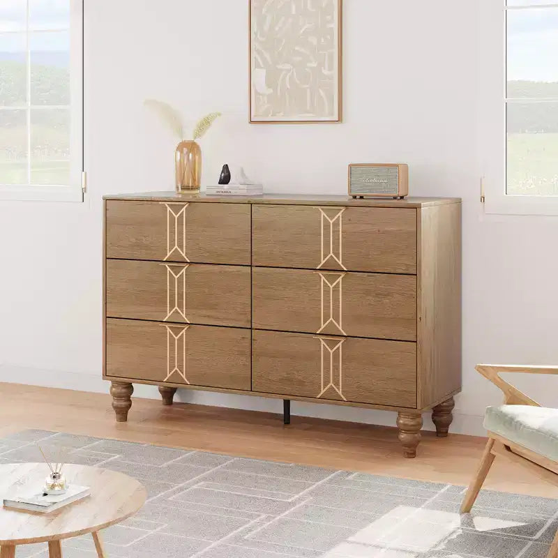 Modern Wooden 6 Drawer Dresser , Vintage Pattern Design for Bedroom, Living Room,