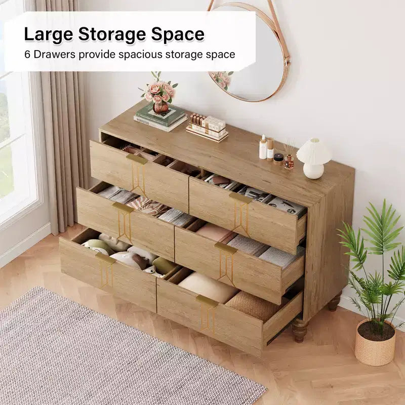 Modern Wooden 6 Drawer Dresser , Vintage Pattern Design for Bedroom, Living Room,