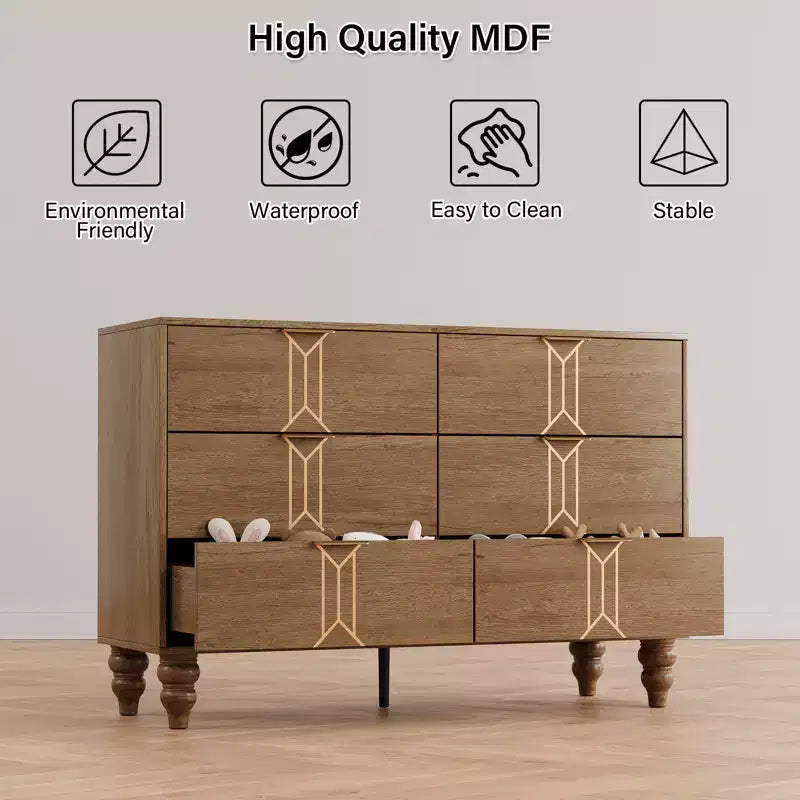 Modern Wooden 6 Drawer Dresser , Vintage Pattern Design for Bedroom, Living Room,