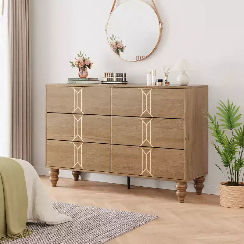 Modern Wooden 6 Drawer Dresser , Vintage Pattern Design for Bedroom, Living Room,