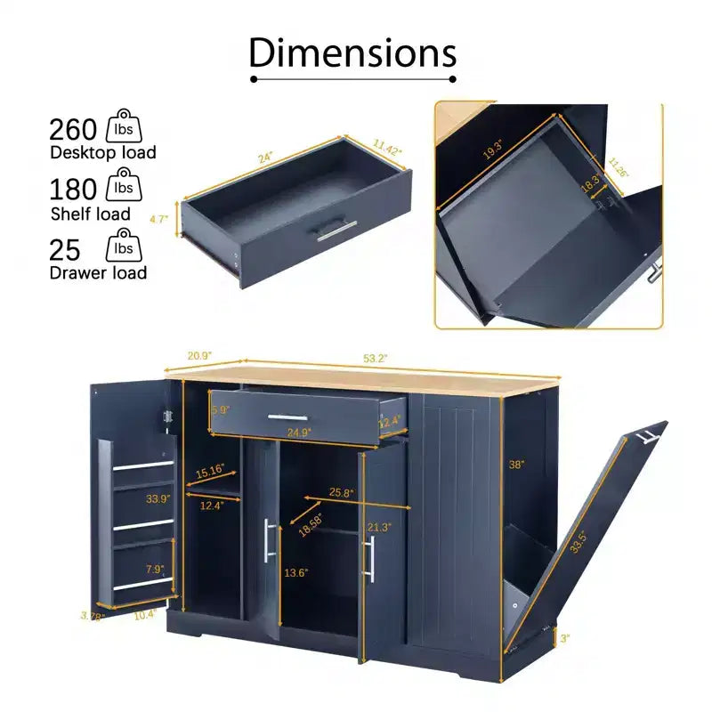 Okak Modrn Kitchen Island with Doors & Center Drawer & Trash Can Storage,Storage Cabinet Dining Sideboard for Kitchen,Dining Room