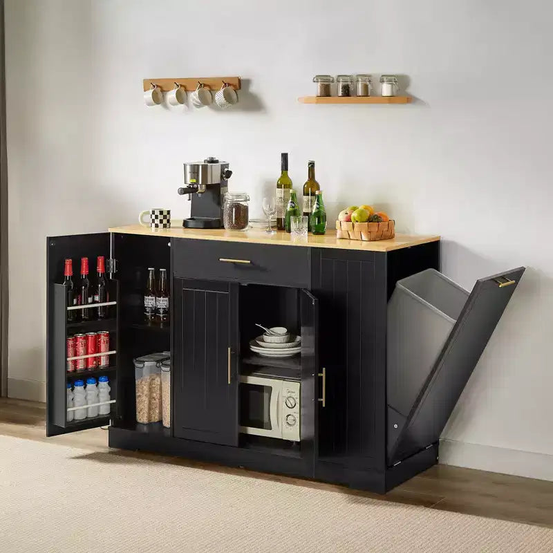 Okak Modrn Kitchen Island with Doors & Center Drawer & Trash Can Storage,Storage Cabinet Dining Sideboard for Kitchen,Dining Room