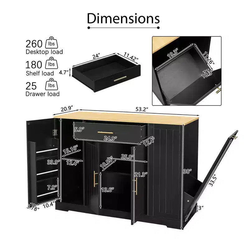Okak Modrn Kitchen Island with Doors & Center Drawer & Trash Can Storage,Storage Cabinet Dining Sideboard for Kitchen,Dining Room