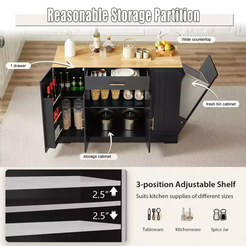 Okak Modrn Kitchen Island with Doors & Center Drawer & Trash Can Storage,Storage Cabinet Dining Sideboard for Kitchen,Dining Room
